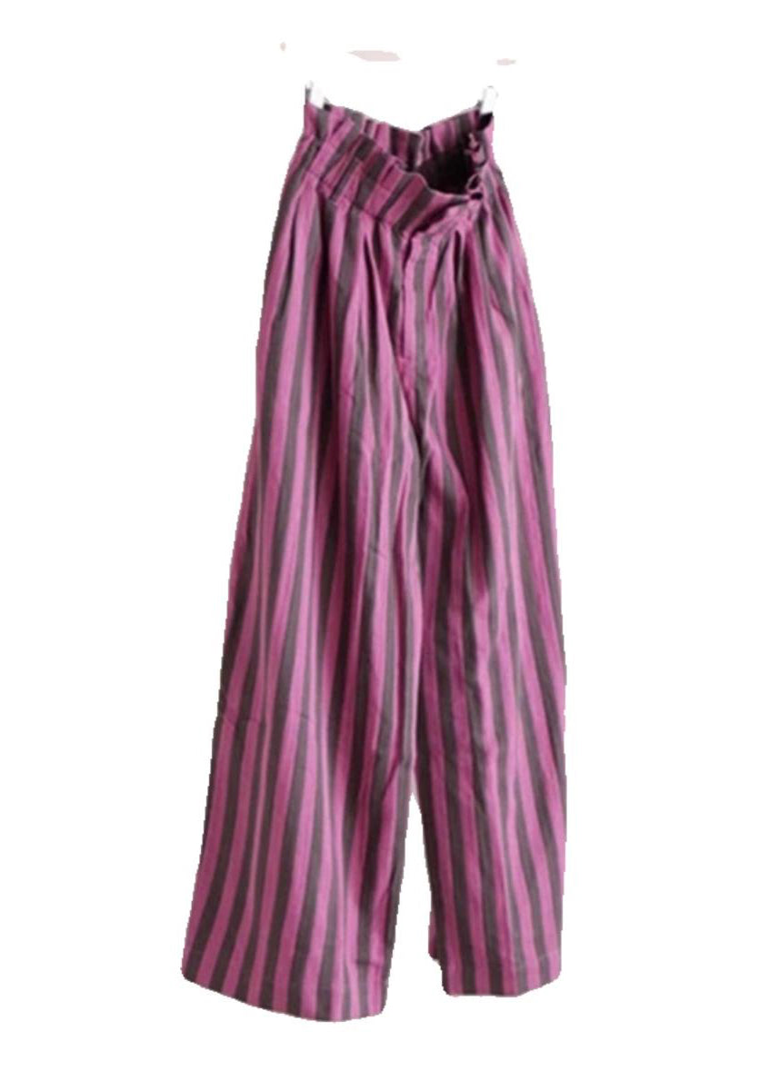 Chic Purple Striped Elastic Waist Cotton Wide Leg Pants Summer | Last day 80% off!