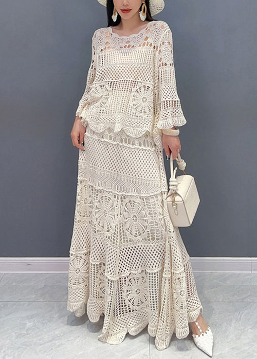 Elegant Beige Hollow Out Tops And Skirts Knit Two Piece Set Long Sleeve | Last day 80% off!