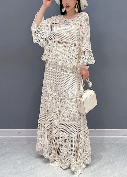 Elegant Beige Hollow Out Tops And Skirts Knit Two Piece Set Long Sleeve | Last day 80% off!