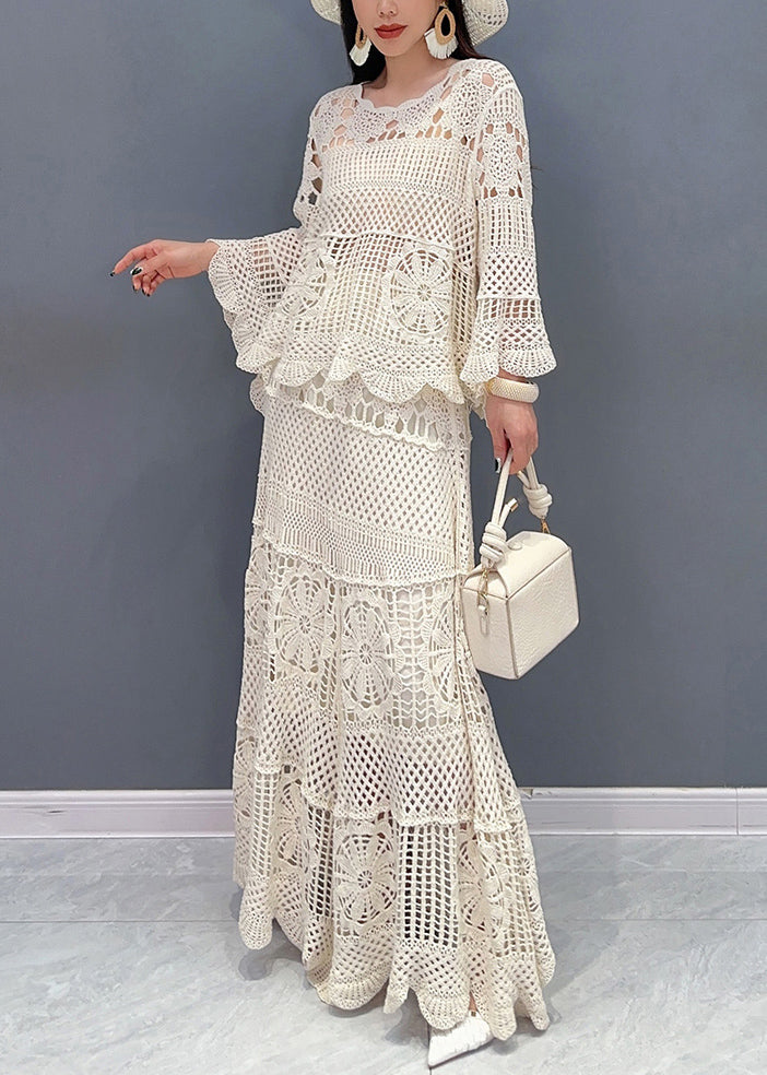 Elegant Beige Hollow Out Tops And Skirts Knit Two Piece Set Long Sleeve | Last day 80% off!