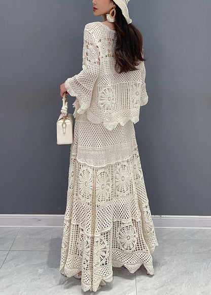 Elegant Beige Hollow Out Tops And Skirts Knit Two Piece Set Long Sleeve | Last day 80% off!