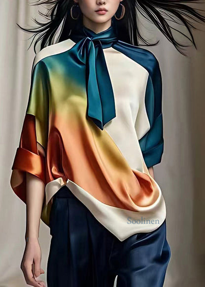 Elegant Multi Turtleneck Gradient Color Silk Top Fall | Last day 80% off!