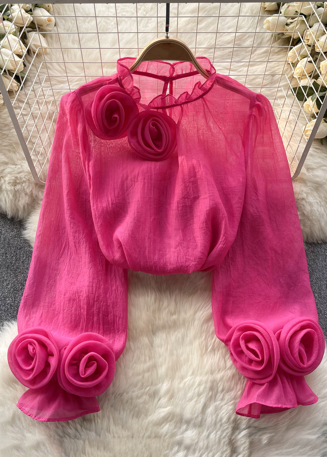 Elegant Rose Ruffled Solid Chiffon Tops Long Sleeve | Last day 80% off!