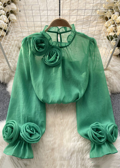 Elegant Rose Ruffled Solid Chiffon Tops Long Sleeve | Last day 80% off!