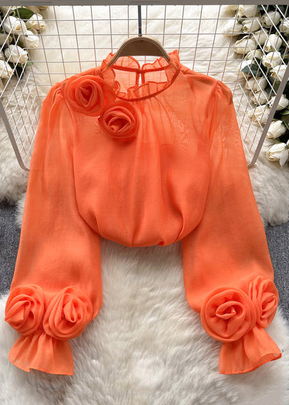 Elegant Rose Ruffled Solid Chiffon Tops Long Sleeve | Last day 80% off!