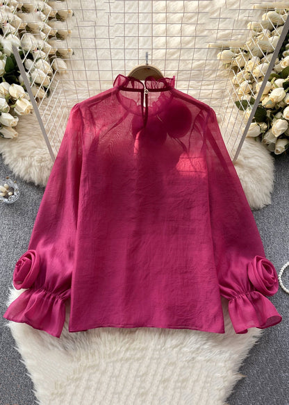 Elegant Rose Ruffled Solid Chiffon Tops Long Sleeve | Last day 80% off!