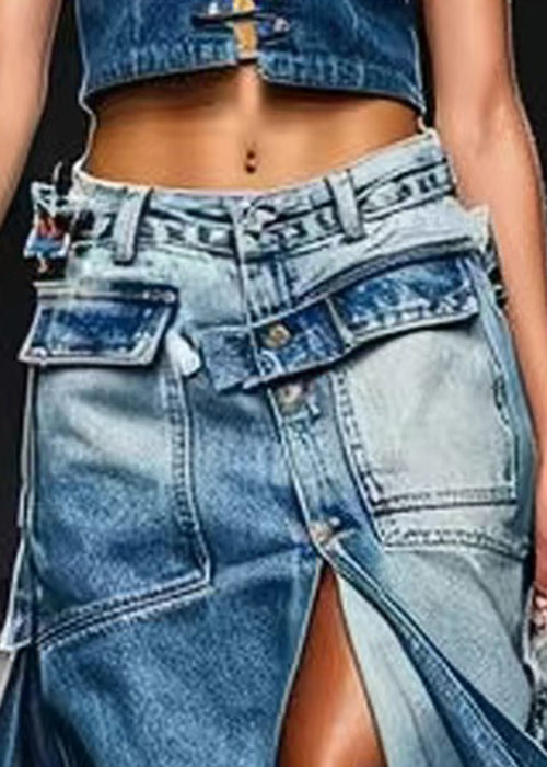 French Blue Button Pockets Front Open Denim Skirt Summer | Last day 80% off!