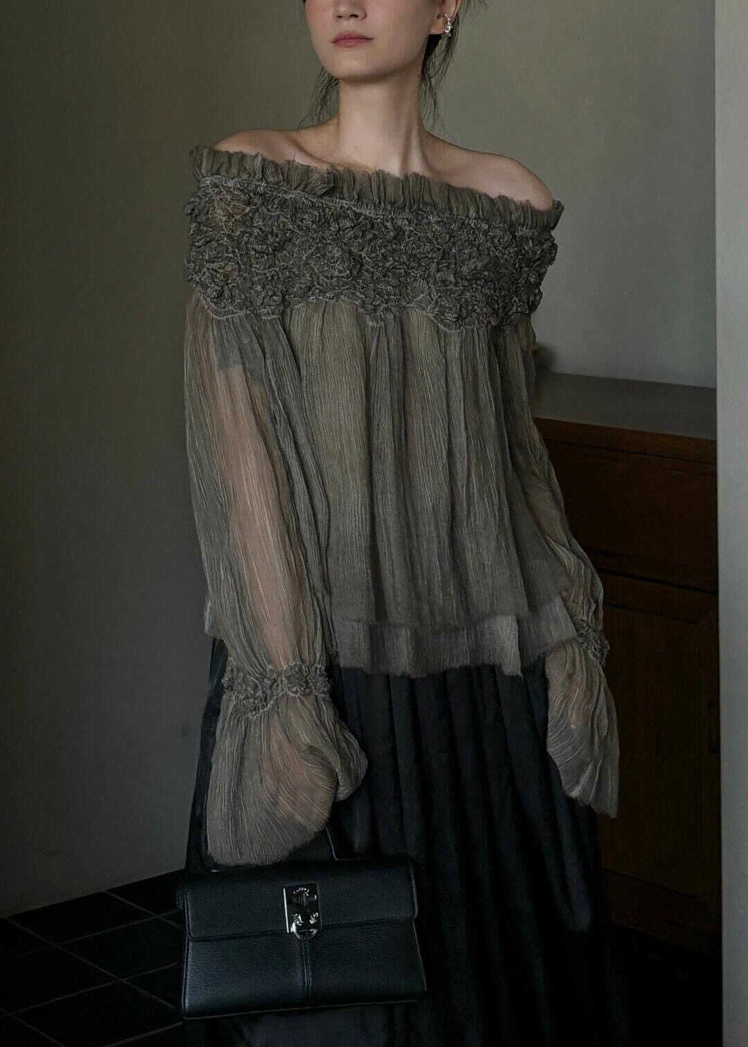 French Slash Neck Ruffled Patchwork Silk Cotton Top Fall | Last day 80% off!