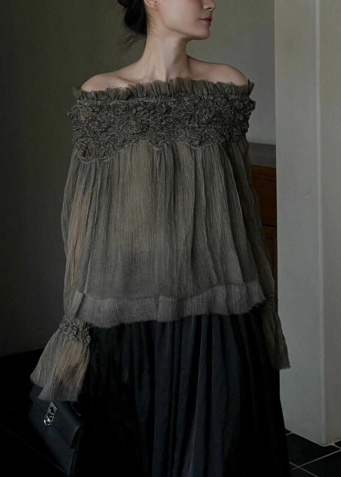 French Slash Neck Ruffled Patchwork Silk Cotton Top Fall | Last day 80% off!