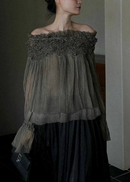 French Slash Neck Ruffled Patchwork Silk Cotton Top Fall | Last day 80% off!