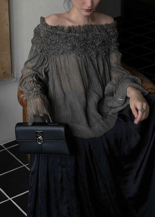 French Slash Neck Ruffled Patchwork Silk Cotton Top Fall | Last day 80% off!