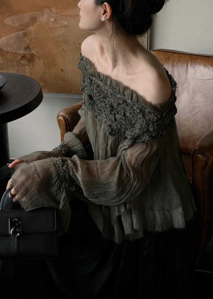 French Slash Neck Ruffled Patchwork Silk Cotton Top Fall | Last day 80% off!