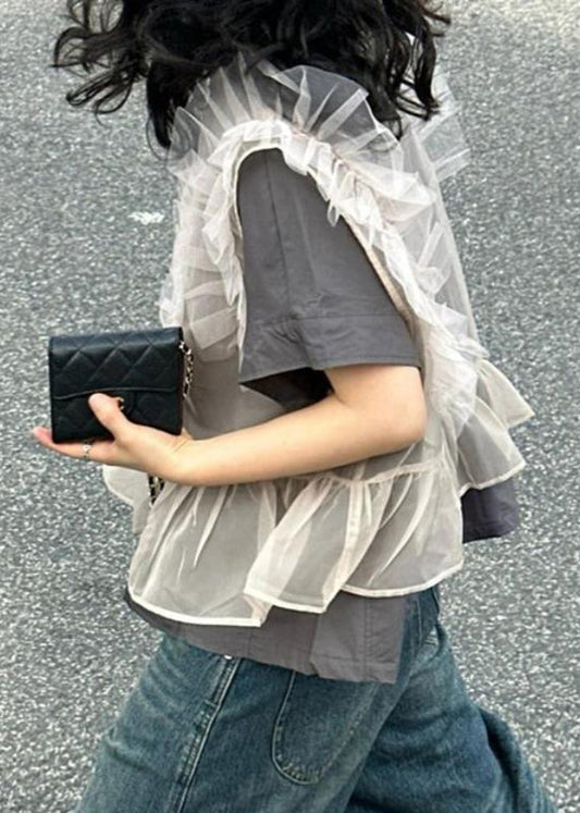 Handmade Grey Ruffled Patchwork Tulle Tops Short Sleeve | Last day 80% off!