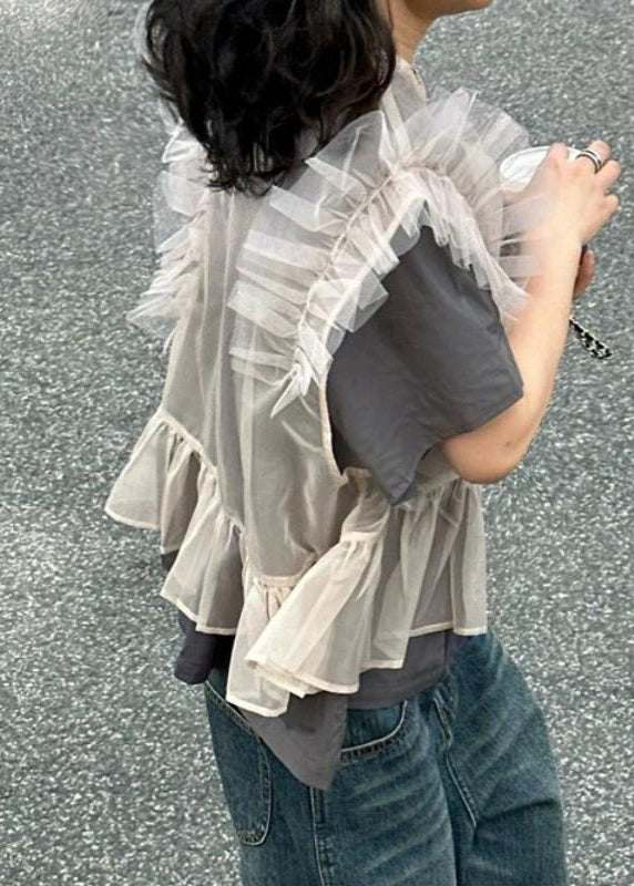 Handmade Grey Ruffled Patchwork Tulle Tops Short Sleeve | Last day 80% off!