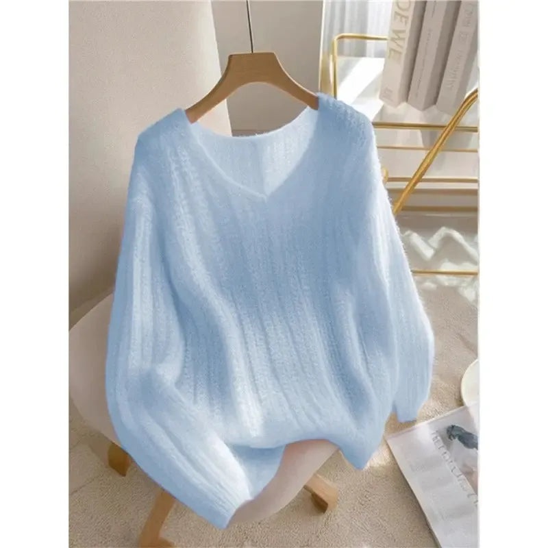 Blue Long Sleeve Plain Sweater | Last day 80% off!