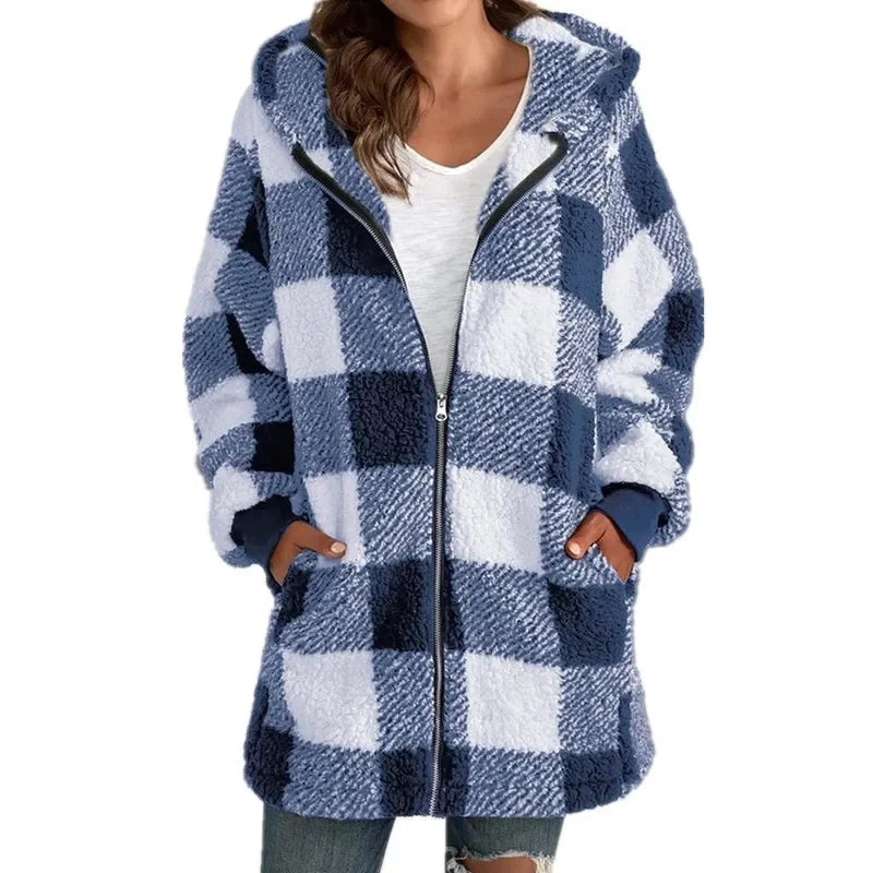 Women's Plaid Fleece Hooded Coat – Zipper, Pockets, Casual Loose Fit Last day 80% off!