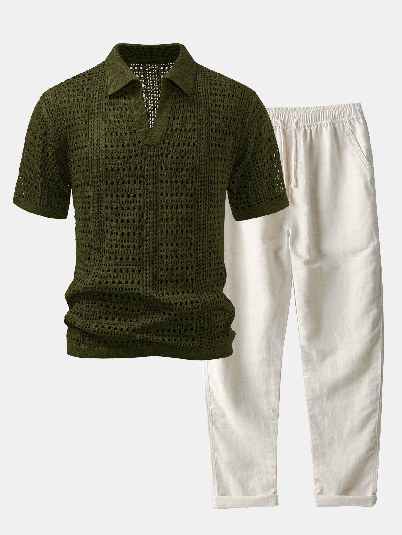 Crocheted V-Neck Polo Shirt & Linen Straight Leg Pants | Last day 80% off!