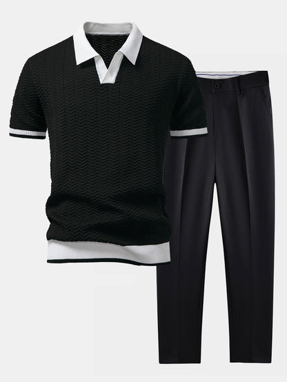 Texture Contrast Knitted V-Neck Polo Shirt & Slim Fit Tapered Trousers | Last day 80% off!