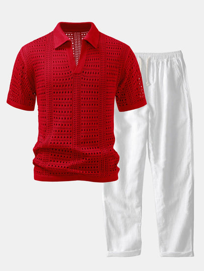Crocheted V-Neck Polo Shirt & Linen Straight Leg Pants | Last day 80% off!