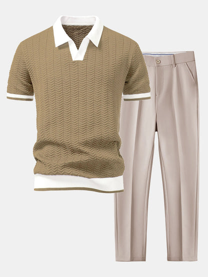 Texture Contrast Knitted V-Neck Polo Shirt & Slim Fit Tapered Trousers | Last day 80% off!