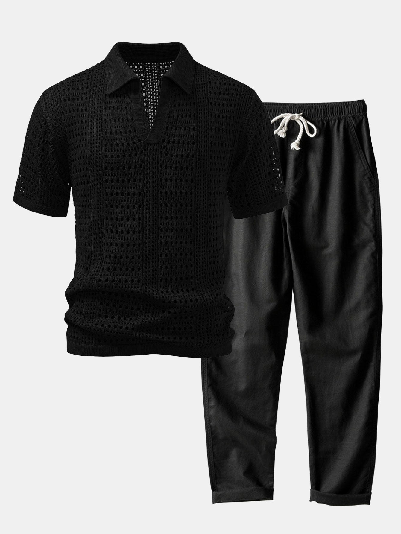 Crocheted V-Neck Polo Shirt & Linen Straight Leg Pants | Last day 80% off!