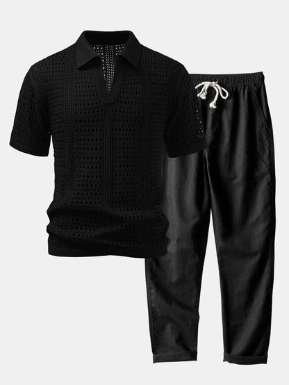Crocheted V-Neck Polo Shirt & Linen Straight Leg Pants | Last day 80% off!
