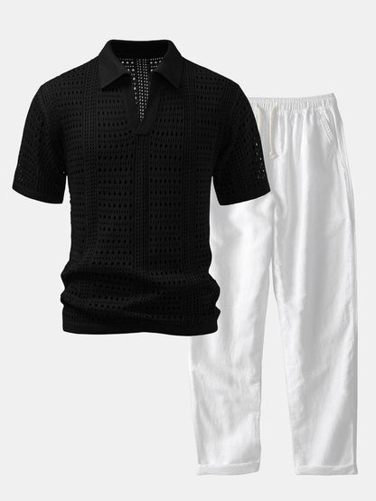 Crocheted V-Neck Polo Shirt & Linen Straight Leg Pants | Last day 80% off!