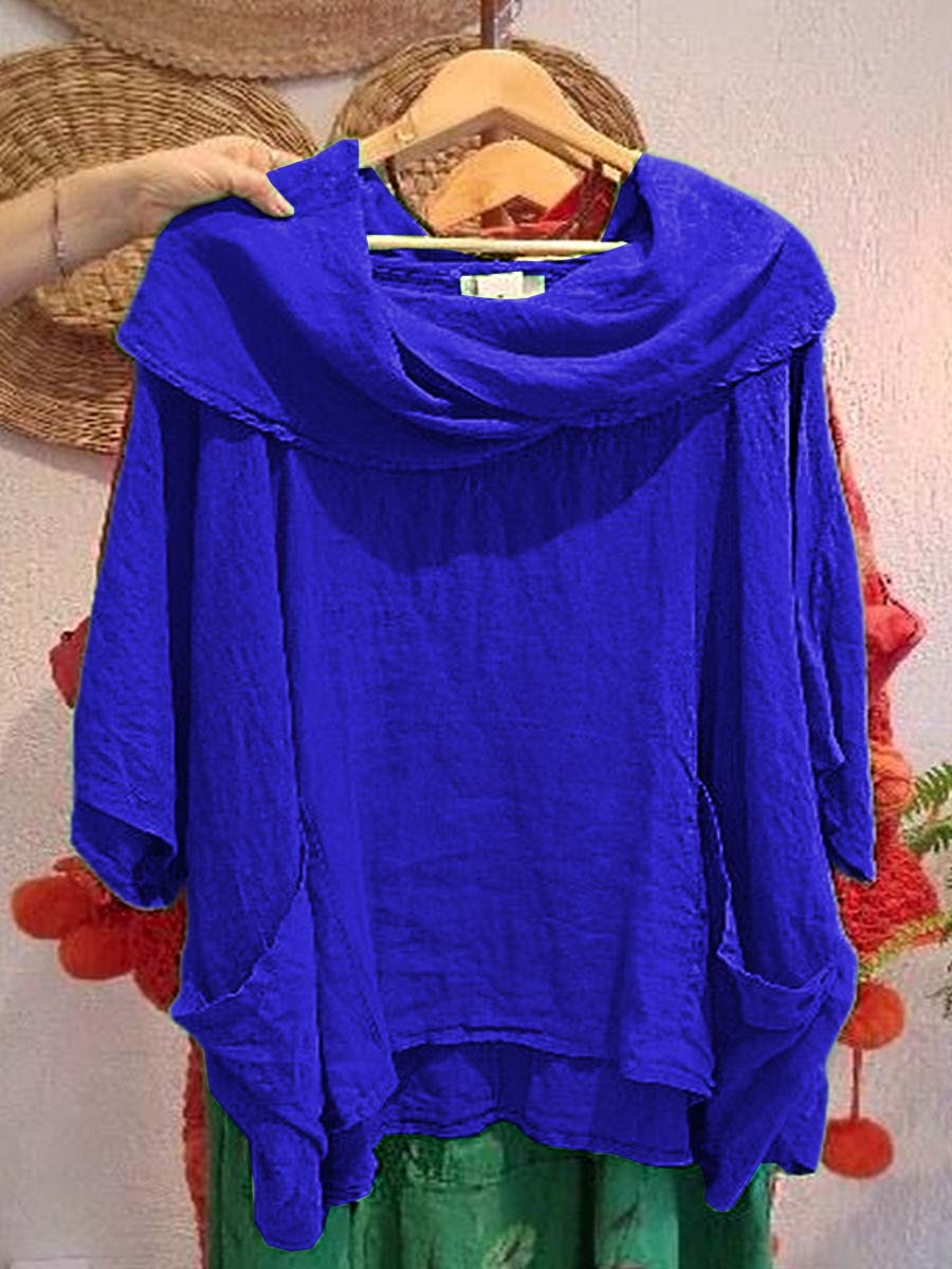 Women's Solid Color Draped Neck 3/4 Sleeve Comfortable Casual Linen Pocket Top | Last day 80% off!
