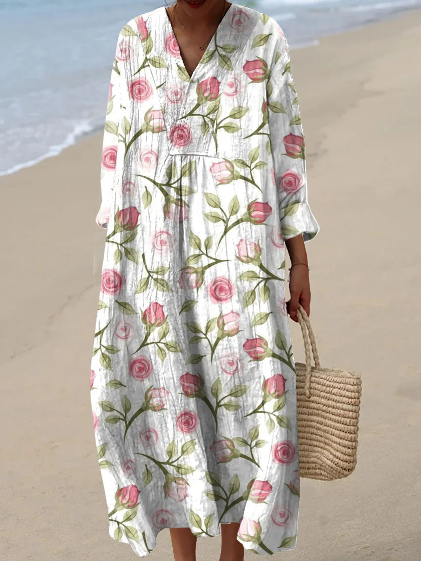 Women's Rose Flower Print Casual Cotton And Linen Shirt | Last day 80% off!