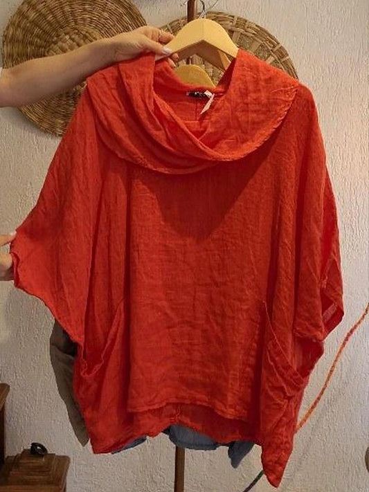 Women's Solid Color Draped Neck 3/4 Sleeve Comfortable Casual Linen Pocket Top | Last day 80% off!