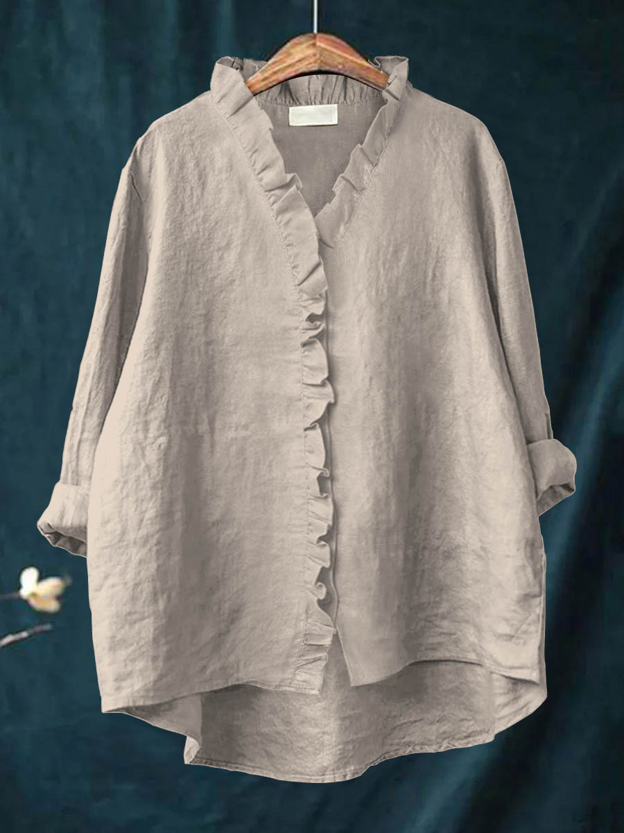 Women's Casual Cotton And Linen Ruffle Shirt | Last day 80% off!