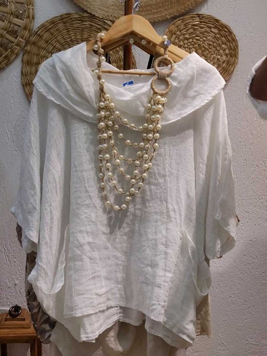 Women's Solid Color Draped Neck 3/4 Sleeve Comfortable Casual Linen Pocket Top | Last day 80% off!