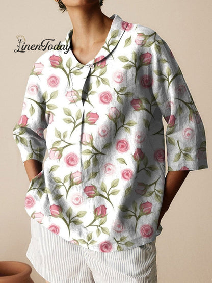 Women's Rose Flower Print Casual Cotton And Linen Shirt | Last day 80% off!