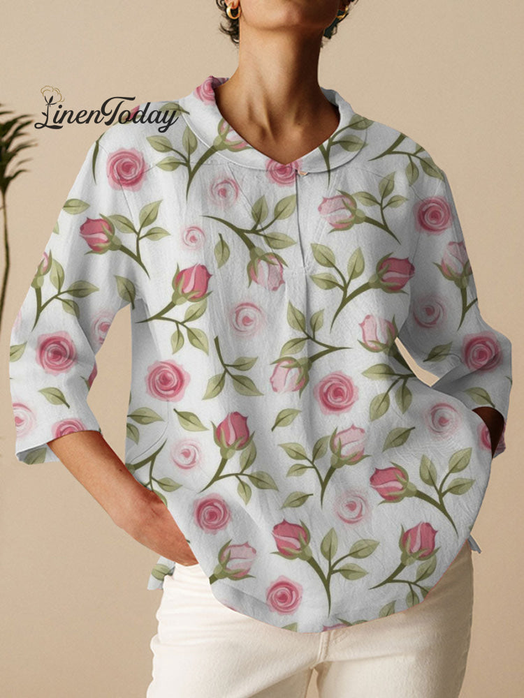 Women's Rose Flower Print Casual Cotton And Linen Shirt | Last day 80% off!