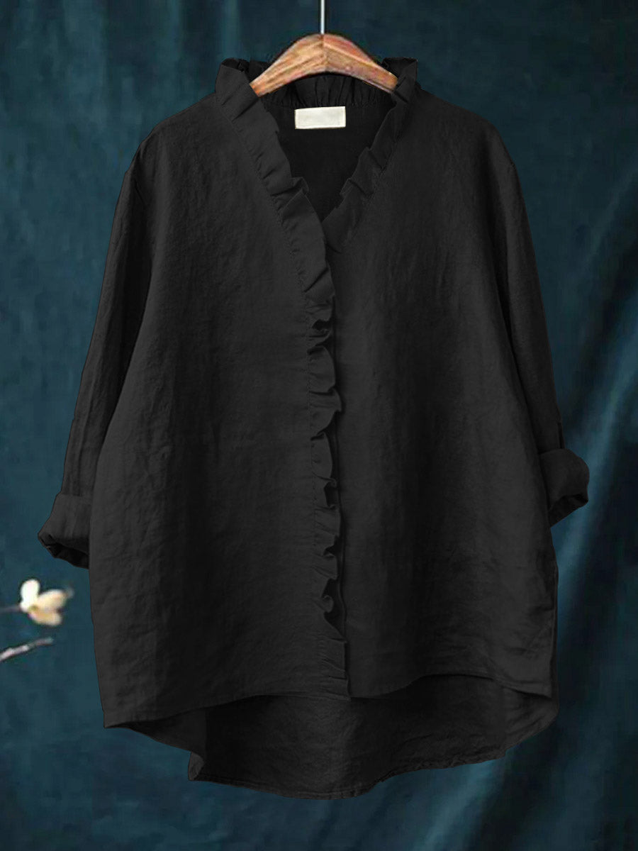 Women's Casual Cotton And Linen Ruffle Shirt | Last day 80% off!