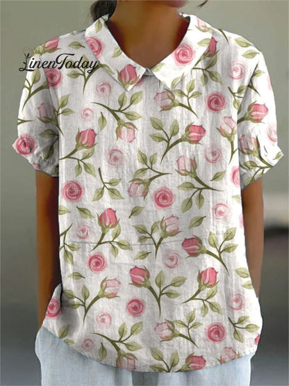 Women's Rose Flower Print Casual Cotton And Linen Shirt | Last day 80% off!