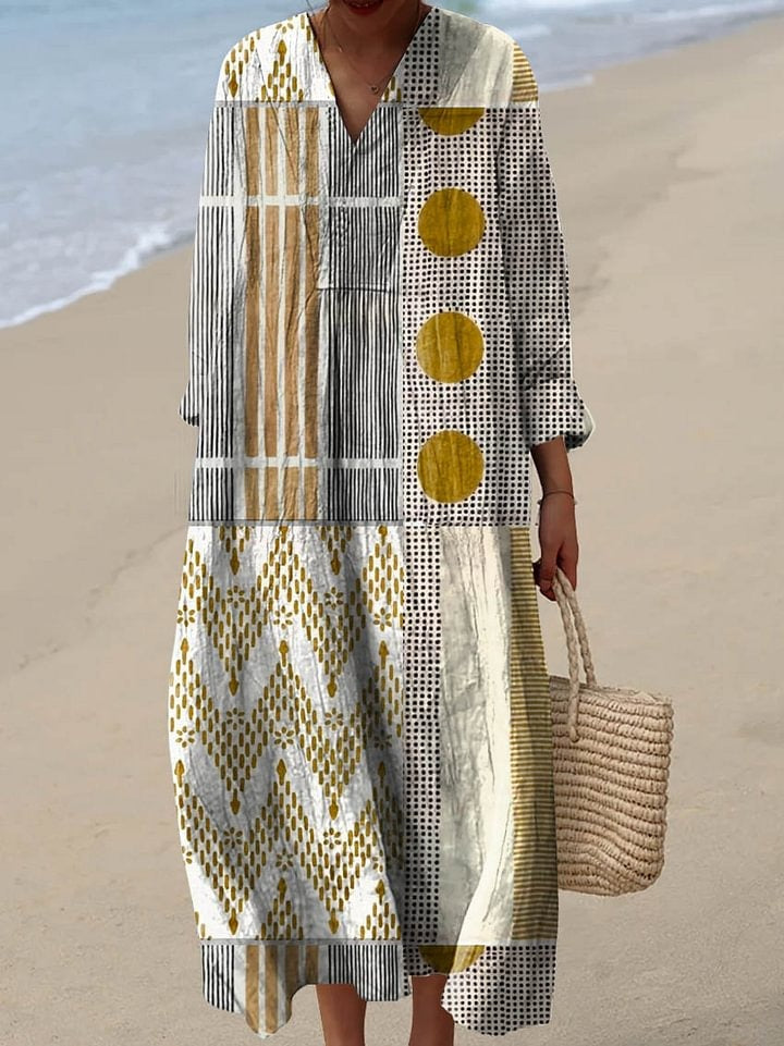 Women's Vintage Abstract Geometry Art Print Casual Cotton And Linen 3/4 Sleeve Shirt | Last day 80% off!