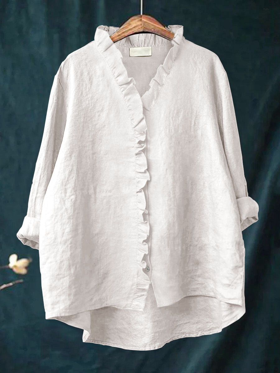Women's Casual Cotton And Linen Ruffle Shirt | Last day 80% off!