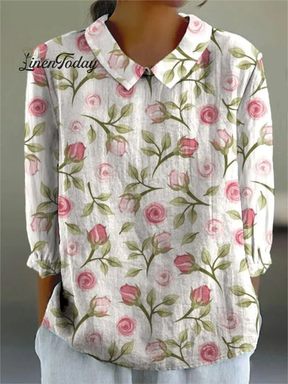 Women's Rose Flower Print Casual Cotton And Linen Shirt | Last day 80% off!