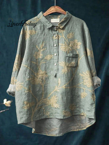 Women's Retro Floral Art Print Casual Cotton And Linen Shirt | Last day 80% off!