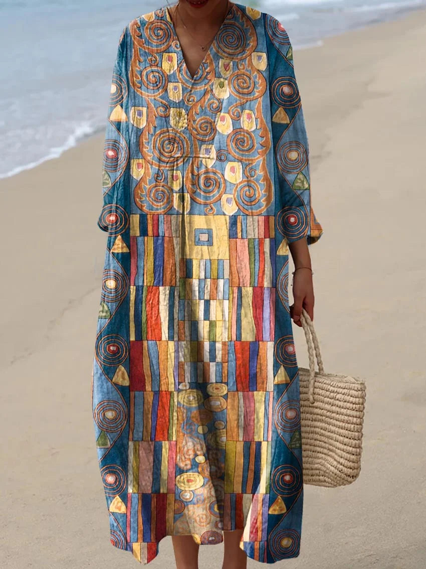 Women's Abstract Geometric Pattern Art Print Casual Cotton And Linen 3/4 Sleeve Shirt | Last day 80% off!