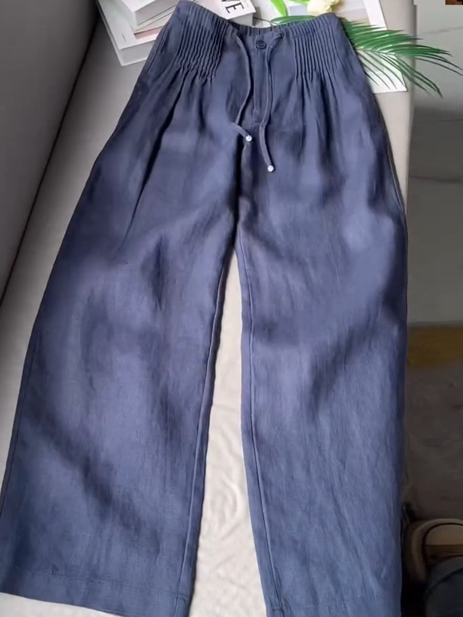 Women's Solid Color Pleated Drawstring Casual Cotton and Linen Wide Leg Pants | Last day 80% off!