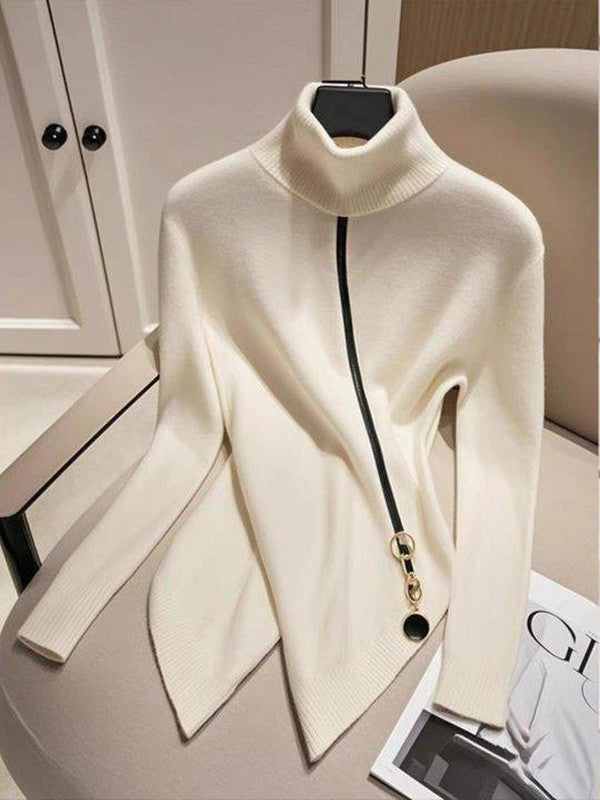 Comfy Ivory Plain High Neck Sweater | Last day 80% off!