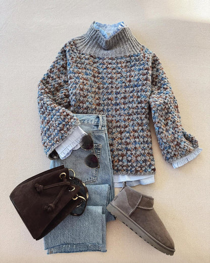 Blue Long Sleeve Color Block Sweater | Last day 80% off!